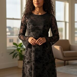 Chic Black Floral Long Sleeve Dress